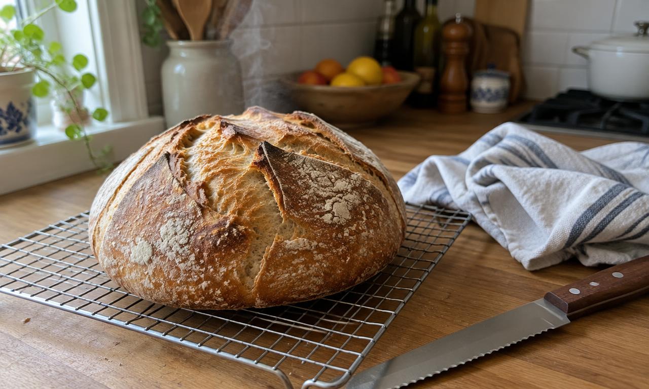 The loaf resting on its rack under a linen cloth, knife within reach.