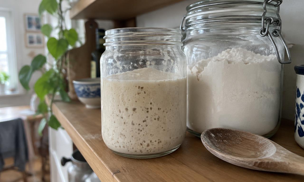 The starter jar on its shelf, bubbling quietly, next to the flour it feeds on.
