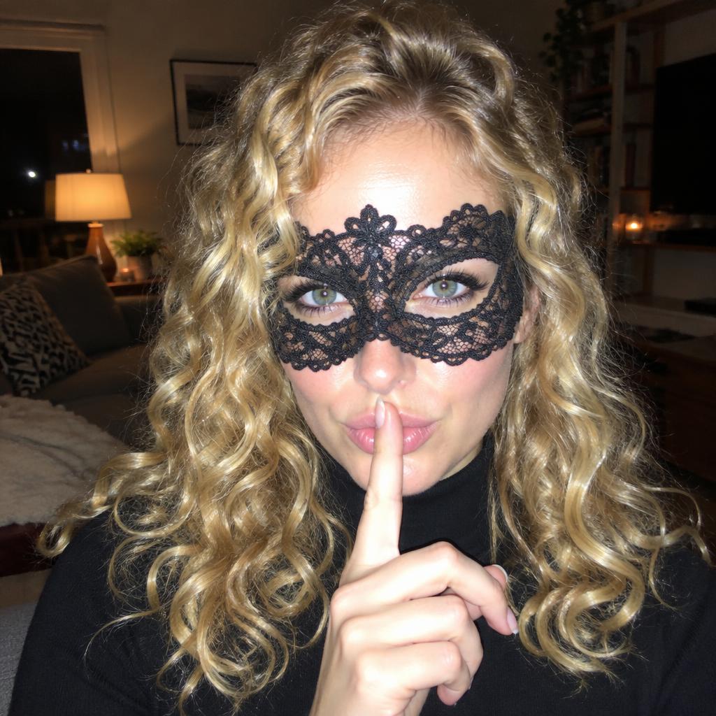Portrait of a curly blonde woman wearing a black lace mask and making a hush gesture